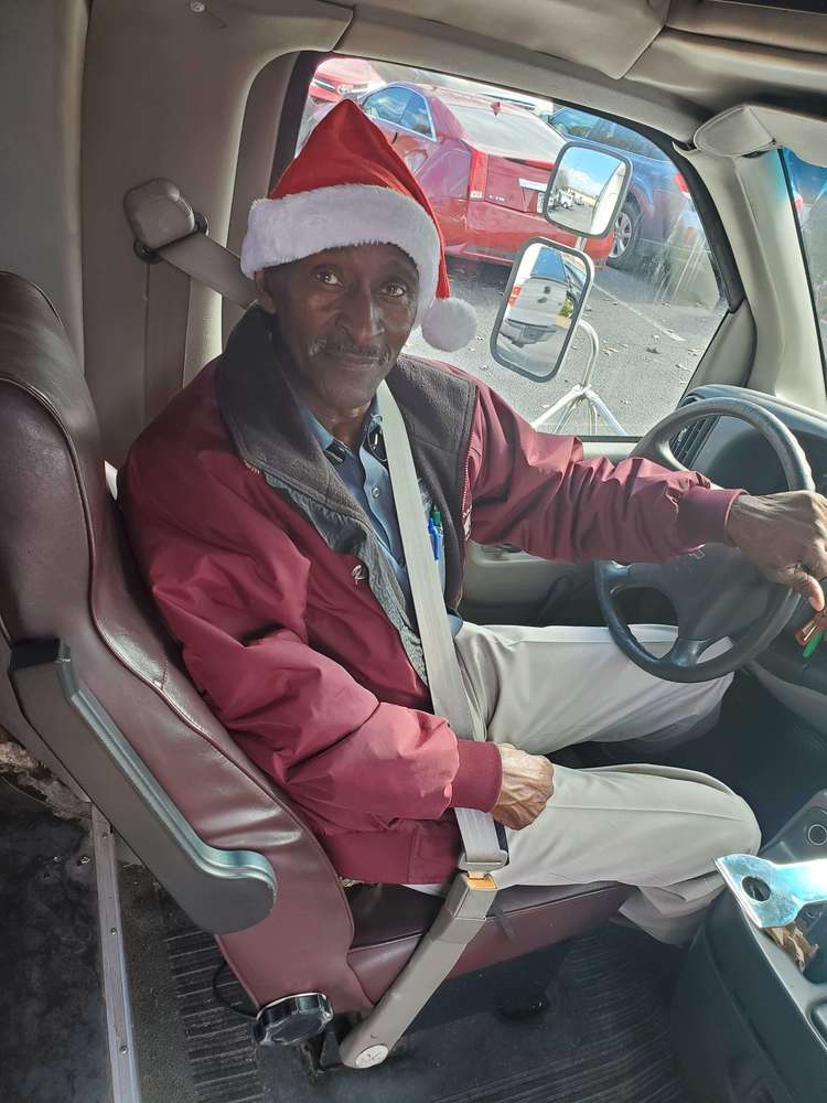 Driving the shuttle with a Santa hat