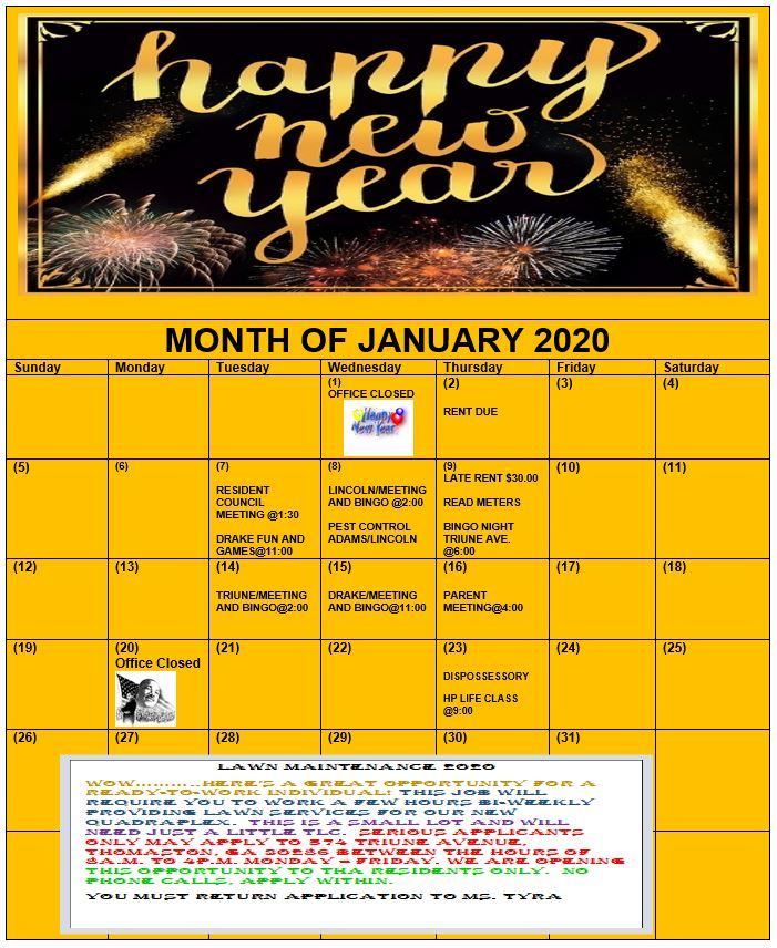 January 2020 Calendar
