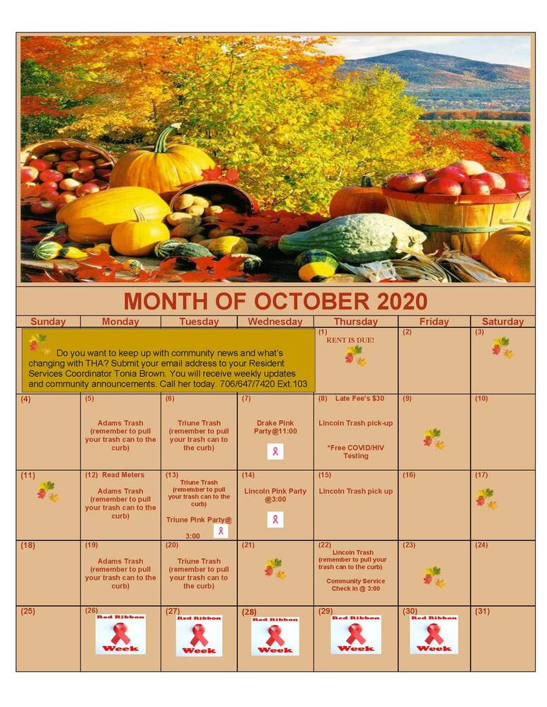 October 2020 Calendar. View site calendar for event details. 