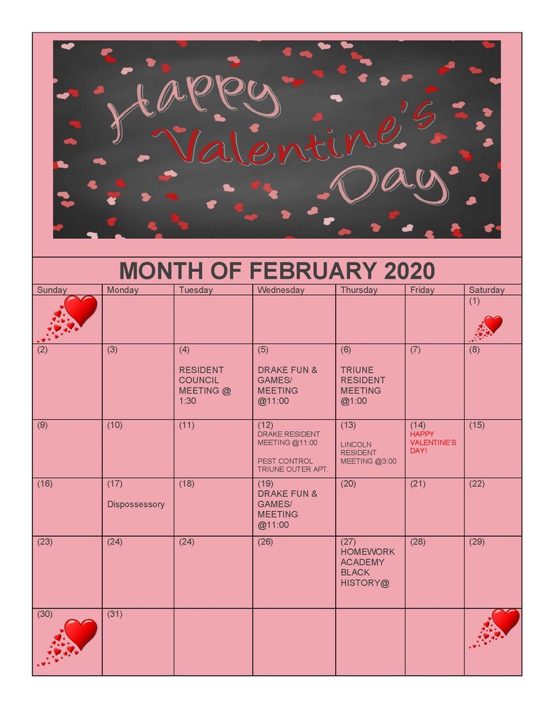 February 2020 Newsletter calendar