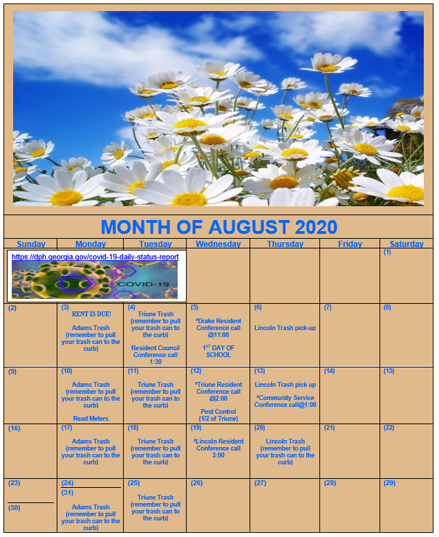 August 2020 Calendar  - view site calendar for event details