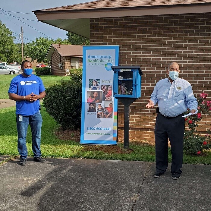 New little library with Amerigroup banner