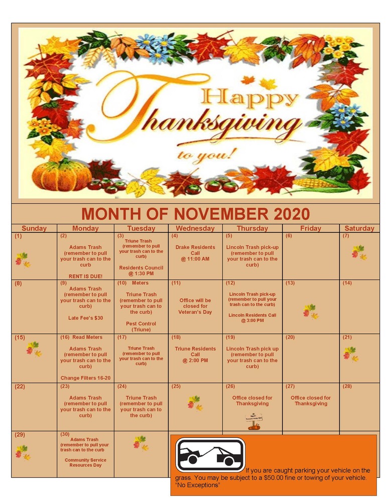November 2020 Calendar. View site calendar for event details. 