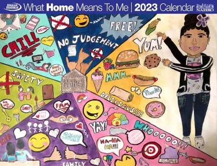 2023 What Home Means to Me Calendar Cover. A girl points at various things that mean home to her.